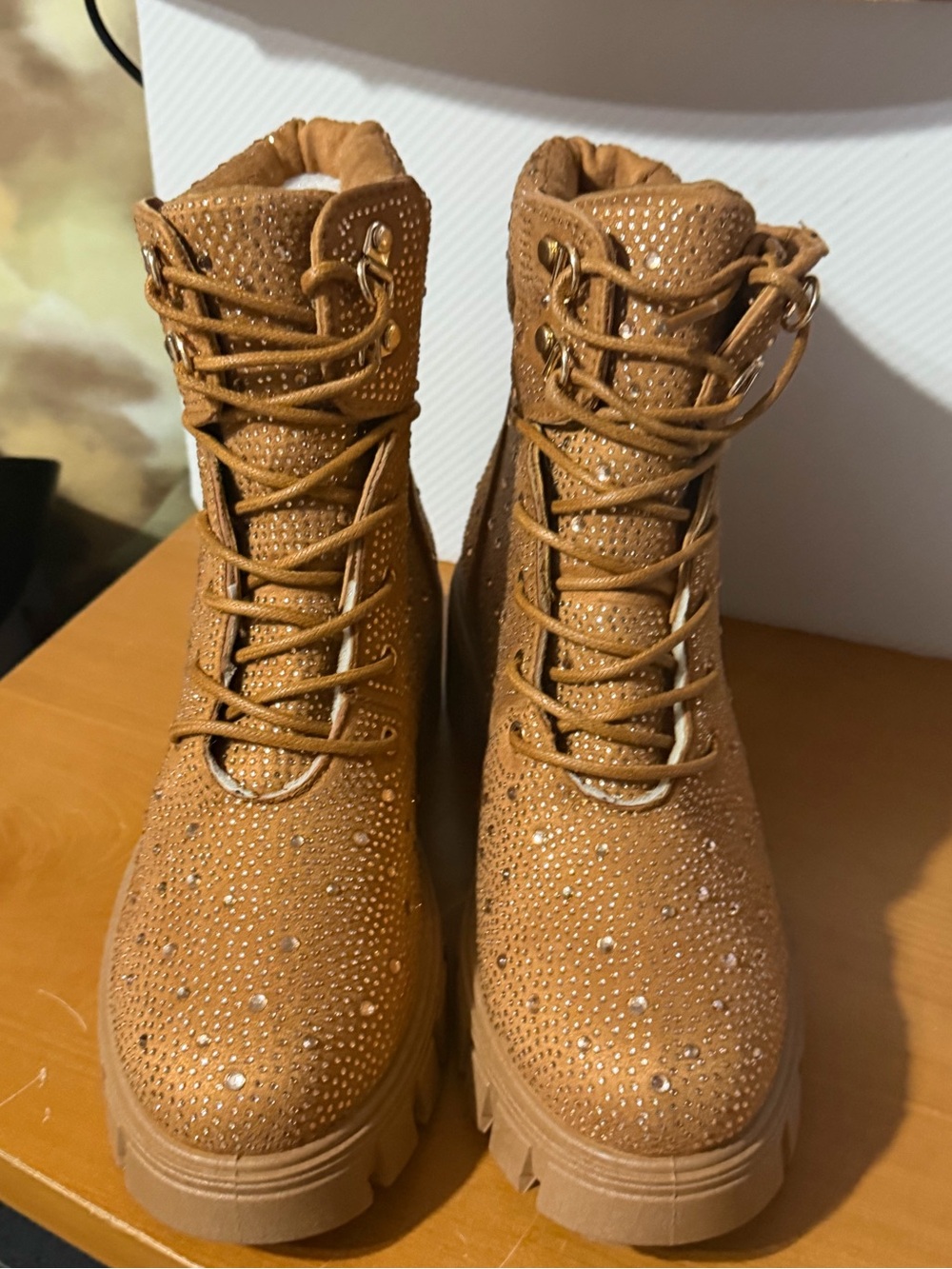 Women’s Tan Embellished Lace-Up Platform Boots